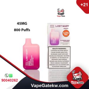 Lost Mary Blueberry Sour Raspberry 45MG 800 Puffs. The higher nicotine from the top selling disposable vape in Kuwait. with 4.5% MG for those who look for high quality products high nicotine