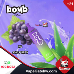 Bomb Aloe Grape 5% 4000 Puffs. Bomb disposable vape with a pre-charged internal battery that no need to recharge. it has advantage of Adjustable airflow