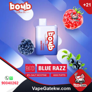 Bomb Blue Razz 6000 Puffs 2%. Bomb a rechargeable disposable vape gives up to 6000 puffs. cube model filled with salt juice
