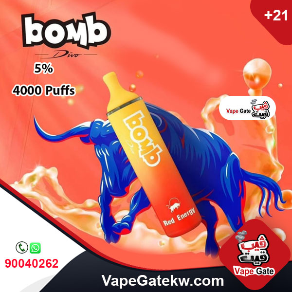 Bomb Red Energy 5% 4000 Puffs. Bomb disposable vape with a pre-charged internal battery that no need to recharge. it has advantage of Adjustable airflow