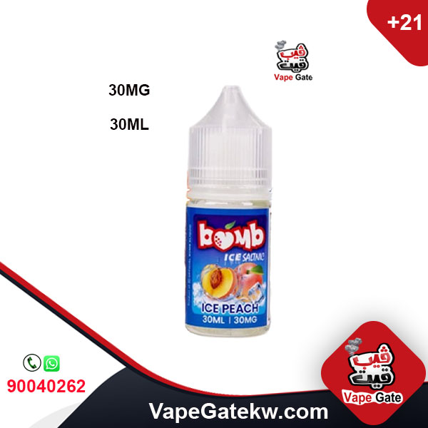 Bomb Salt Ice Peach 30MG 30ML. a salt vape juice from the famous brand bomb vape liquid. in bottle size 30ml suitable to use with cig puff vape devices