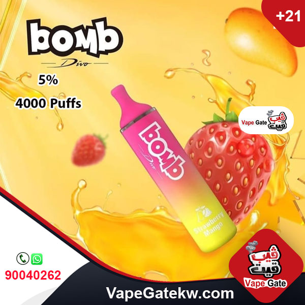 Bomb Strawberry Mango 5% 4000 Puffs. Bomb disposable vape with a pre-charged internal battery that no need to recharge. it has advantage of Adjustable airflow