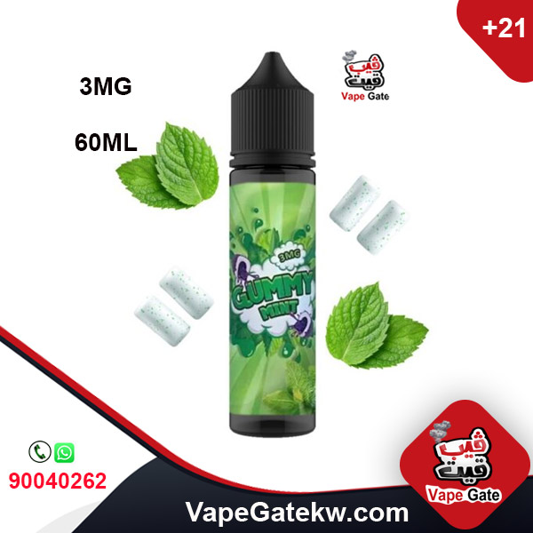 GUMMY MINT 3MG 60ML. a pure and strong flavor of mint ,in bottle size 60ML,Nicotine Level 3MG to use with shisha puff. 24 hours delivery Kuwait