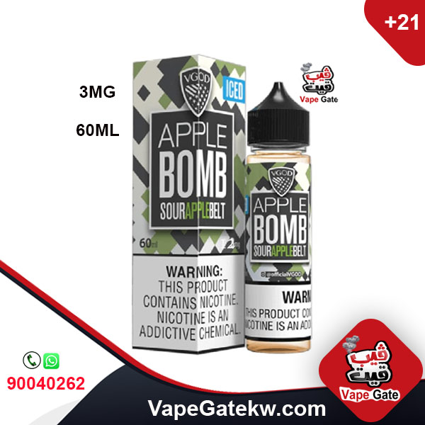 APPLE BOMB VGOD SALTNIC 3MG,  VGOD Apple Bomb with ice infuses crisp & sour granny smith green apples into a sweet & sugary candy belt. VGOD Apple Bomb is available in 60ml unicorn bottles.