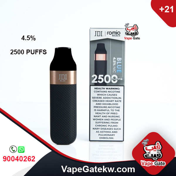 JDI Romio March BLUE 4.5% 2500 Puffs. Romio March, with stylish design and strong performance. enhanced with a rechargeable internal battery and gives up to 2500 puffs
