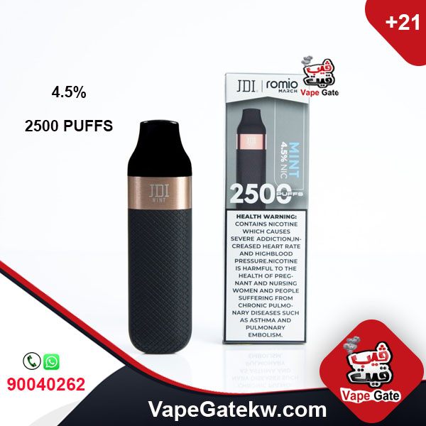 JDI Romio March Mint 4.5% 2500 Puffs. Romio March, with stylish design and strong performance. enhanced with a rechargeable internal battery and gives up to 2500 puffs
