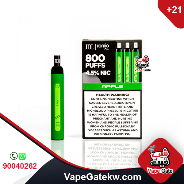 JDI Romio XL Apple 4.5% 800 Puffs. Romio XL, the second version of the famous brand JDI Romio. the upgraded version available in 800 puffs plus, two nicotine levels 4.5%& 2%