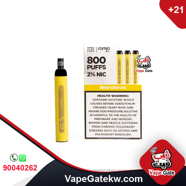 JDI Romio XL Banana 2% 800 Puffs. Romio XL, the second version of the famous brand JDI Romio. the upgraded version available in 800 puffs plus, two nicotine levels 2% & 4.5%