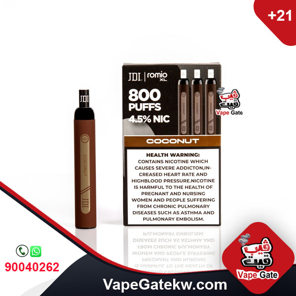 JDI Romio XL Coconut 4.5% 800 Puffs. Romio XL, the second version of the famous brand JDI Romio. the upgraded version available in 800 puffs plus, two nicotine levels 2% & 4.5%