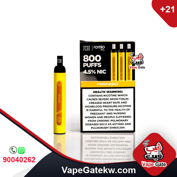 JDI Romio XL Mango 4.5% 800 Puffs. Romio XL, the second version of the famous brand JDI Romio. the upgraded version available in 800 puffs plus, two nicotine levels 2% & 4.5%