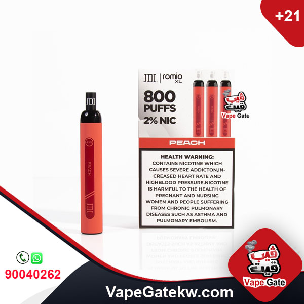 JDI Romio XL Peach 2% 800 Puffs. Romio XL, the second version of the famous brand JDI Romio. the upgraded version available in 800 puffs plus, two nicotine levels 2% & 4.5%