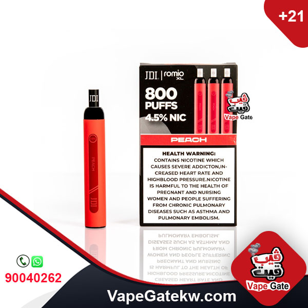 JDI Romio XL Peach 4.5% 800 Puffs. Romio XL, the second version of the famous brand JDI Romio. the upgraded version available in 800 puffs plus, two nicotine levels 2% & 4.5%