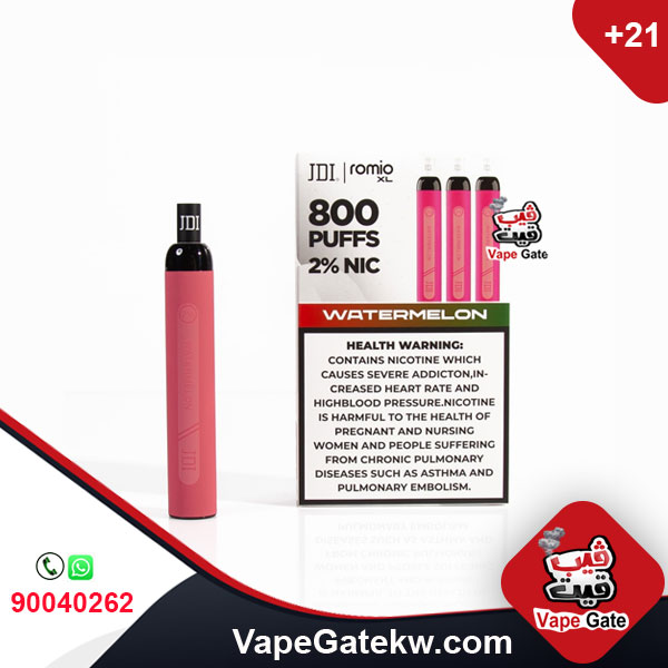 JDI Romio XL Watermelon 2% 800 Puffs. Romio XL, the second version of the famous brand JDI Romio. the upgraded version available in 800 puffs plus, two nicotine levels 2% & 4.5%