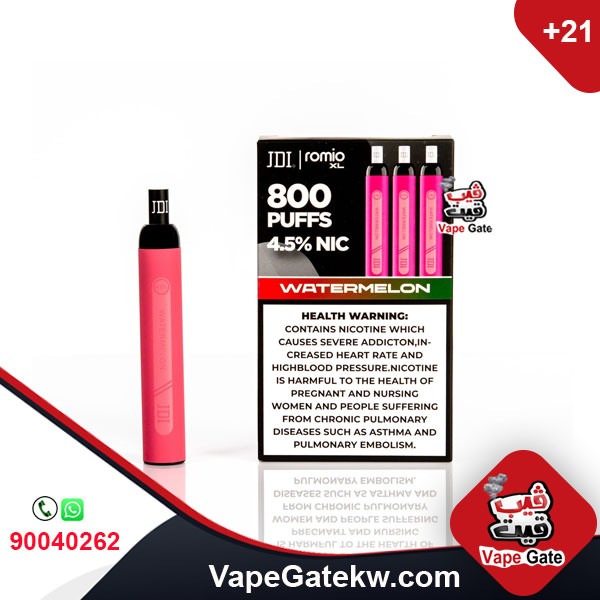 JDI Romio XL Watermelon 4.5% 800 Puffs. Romio XL, the second version of the famous brand JDI Romio. the upgraded version available in 800 puffs plus, two nicotine levels 2% & 4.5%