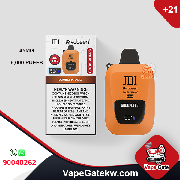 JDI Vabeen Double Mango 45MG 6000 Puffs. Vabeen disposbale vape, enhanced with digital screen that shows number of puffs and battery life. extreme flavor and powerful performance