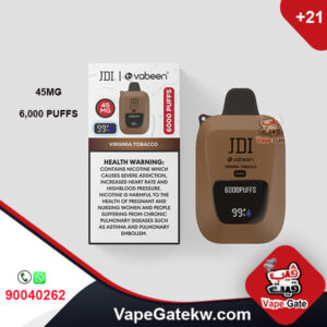 JDI Vabeen Virginia Tobacco 45MG 6000 Puffs. Vabeen disposbale vape, enhanced with digital screen that shows number of puffs and battery life. extreme flavor and powerful performance
