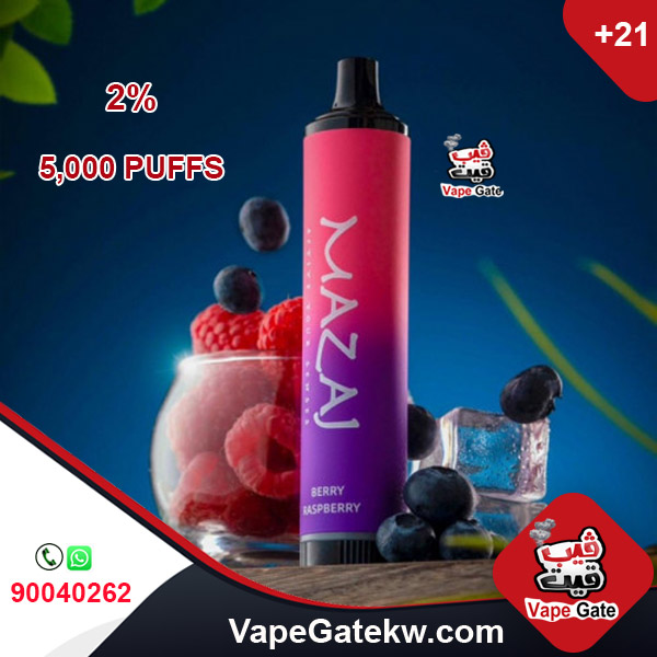 Mazaj 5000 Puffs Berry Raspberry 2%. A 5000 disposable vape device with rechargeable battery 600 mAh. enhanced with airflow control