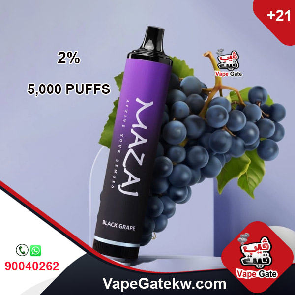 Mazaj 5000 Puffs Black Grape 2%. A 5000 disposable vape device with rechargeable battery 600 mAh. enhanced with airflow control