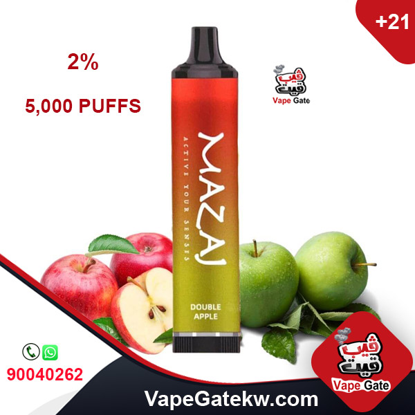 Mazaj 5000 Puffs Double Apple 2%. A 5000 disposable vape device with rechargeable battery 600 mAh. enhanced with airflow control