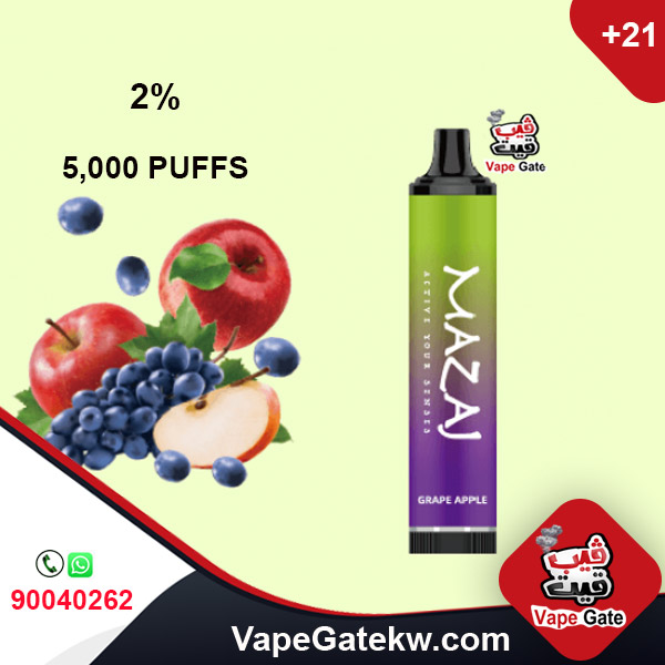 Mazaj 5000 Puffs Grape Apple 2%. A 5000 disposable vape device with rechargeable battery 600 mAh. enhanced with airflow control