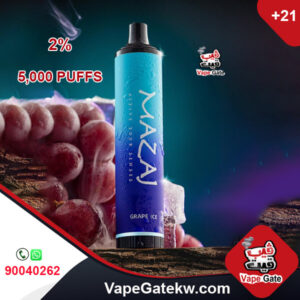 Mazaj 5000 Puffs Grape Ice 2%. A 5000 disposable vape device with rechargeable battery 600 mAh. enhanced with airflow control