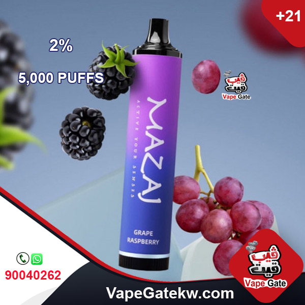 Mazaj 5000 Puffs Grape Raspberry 2%. A 5000 disposable vape device with rechargeable battery 600 mAh. enhanced with airflow control