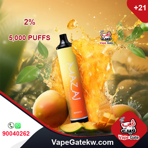 Mazaj 5000 Puffs Mango 2%. A 5000 disposable vape device with rechargeable battery 600 mAh. enhanced with airflow control