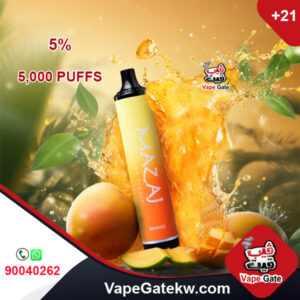 Mazaj 5000 Puffs Mango 5%. A 5000 disposable vape device with rechargeable battery 600 mAh. enhanced with airflow control