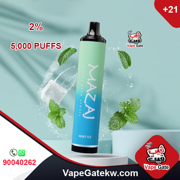 Mazaj 5000 Puffs Mint Ice 2%. A 5000 disposable vape device with rechargeable battery 600 mAh. enhanced with airflow control