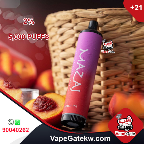 Mazaj 5000 Puffs Peach Ice 2%. A 5000 disposable vape device with rechargeable battery 600 mAh. in nicotine level 2% (20MG)