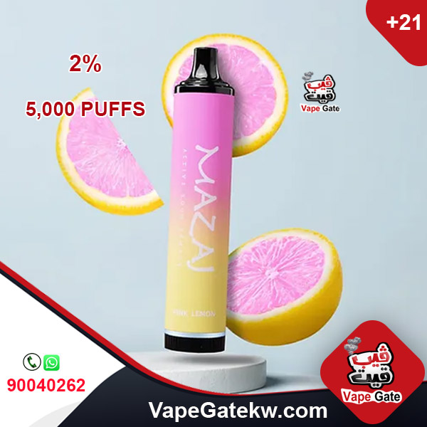 Mazaj 5000 Puffs Pink Lemon 2%. A 5000 disposable vape device with rechargeable battery 600 mAh. enhanced with airflow control