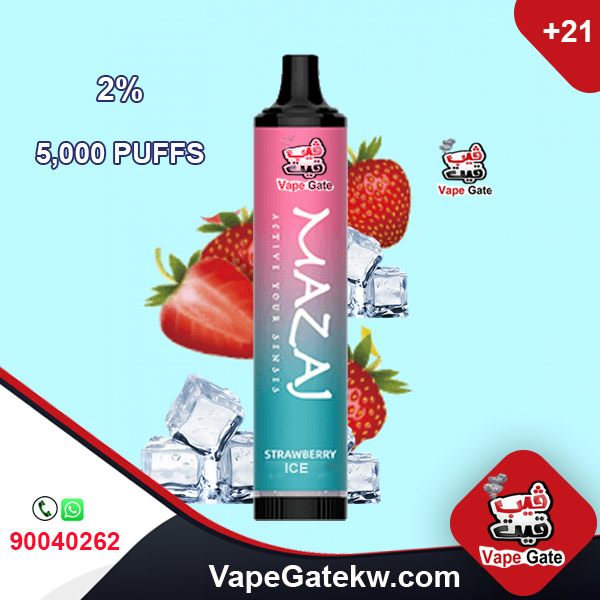 Mazaj 5000 Puffs Strawberry Ice 2% .A 5000 disposable vape device with rechargeable battery 600 mAh. enhanced with airflow control