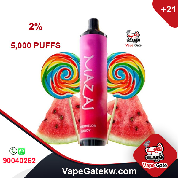 Mazaj 5000 Puffs Watermelon Candy 2%. A 5000 disposable vape device with rechargeable battery 600 mAh. enhanced with airflow control