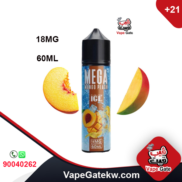 Mega Mango Peach Ice 18MG 60ML. vape juice with flavor of Mango and Peach, made by MEGA. in bottle size 60ML suitable to use with shisha puff devices
