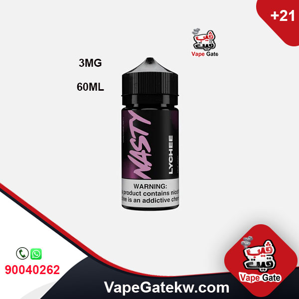 Nasty Lychee 3MG 60ML. the strong taste and aroma of Nasty vape liquid. a flavor of fresh lychee in bottle size 60ML. freebase liquid