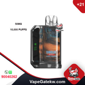 Sigelei Smart Juicy Peach 50MG 10000 Puffs. A distinguished disposable vape device enhanced with smart screen that shows battery level and juice size. rechargeable battery 650mAh