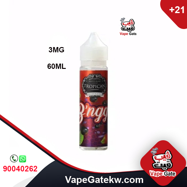 Tropican Bnggo 3MG 60ML. a Salt vape juice in bottle size 60Ml. Flavor of mix between mango and grape with touch of mint