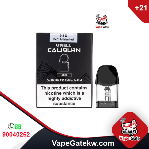 Uwell Caliburn A3S pods 0.8 ohm. compatible with Uwell Caliburn A3, Caliburn A3S & Caliburn AK3. pack includes 4 pods. with pod capacity 2 ML