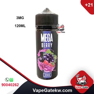MEGA BERRY VAPE LIQUID 3MG 120ML. A vape liquid that gives you lot of berries. a mix of red, blue, black berries with touch of strawberry. in 3 mg nicotine in bottle size 120 ML. to use with shisha puff.
