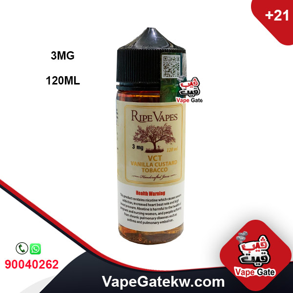 Ripe Vapes VCT Vanilla Custard Tobacco 3MG 120ML. VCT is a blend of Vanilla custard tobacco in bottle size 120Ml. one of the top selling liquid in mixed tobacco with vanilla and custard
