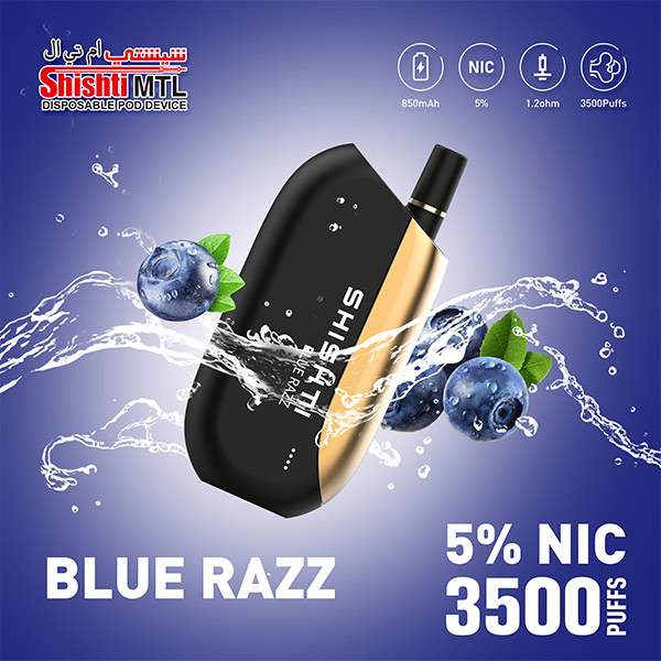 Shishti MTL BLUE RAZZ 50MG 3500 Puffs. A luxury disposable vape with unique design and strong performance. No need to recharge or refill, with smart technology to enhance flavor