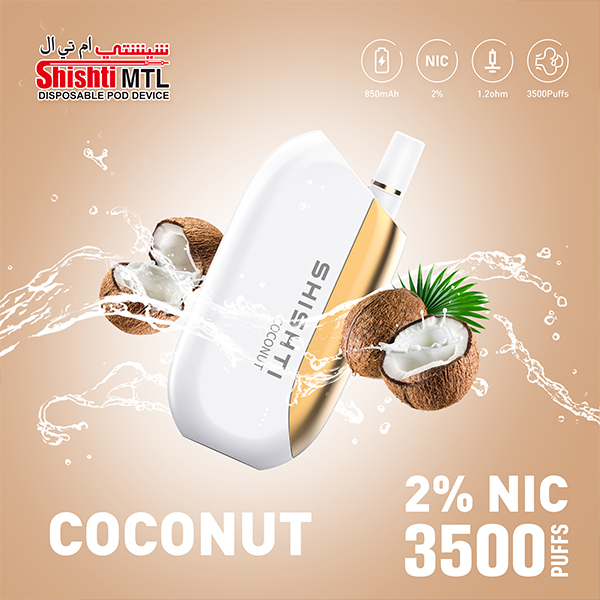 Shishti MTL COCONUT 20MG 3500 Puffs. A luxury disposable vape with unique design and strong performance. No need to recharge or refill, with smart technology to enhance flavor