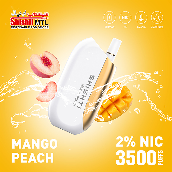 Shishti MTL MANGO PEACH 20MG 3500 Puffs. A luxury disposable vape with unique design and strong performance. No need to recharge or refill, with smart technology to enhance flavor