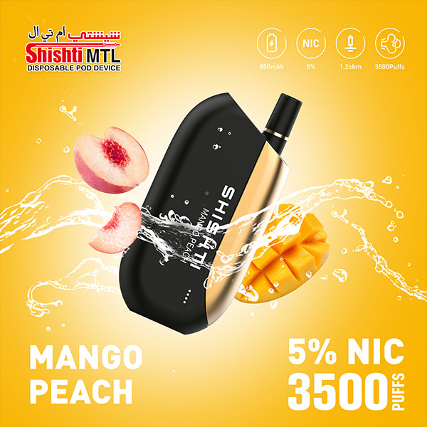 Shishti MTL MANGO PEACH 50MG 3500 Puffs. A luxury disposable vape with unique design and strong performance. No need to recharge or refill, with smart technology to enhance flavor