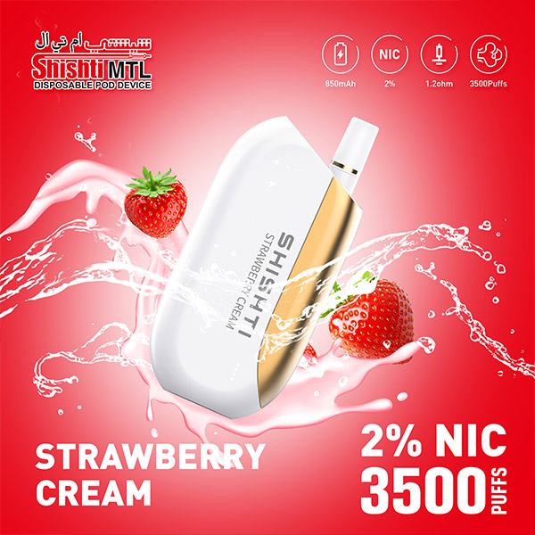 Shishti MTL STRAWBERRY CREAM 20MG 3500 Puffs. A luxury disposable vape with unique design and strong performance. No need to recharge or refill, with smart technology to enhance flavor