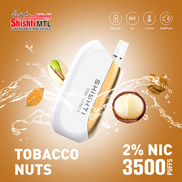 Shishti MTL Tobacco Nuts 20MG 3500 Puffs.A luxury disposable vape with unique design and strong performance. No need to recharge or refill, with smart technology to enhance flavor