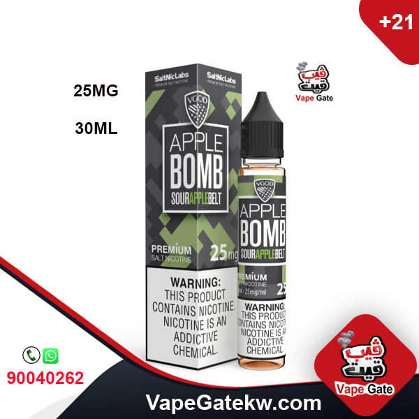 VGOD APPLE BOMB SALTNIC 25 MG 30ML. VGOD Apple Bomb infuses crisp & sour granny smith green apples into a sweet & sugary candy belt. VGOD Salt Nic Apple Bomb is available in 30ml unicorn bottles