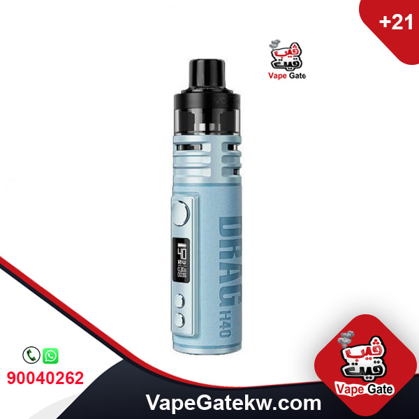 VOOPOO DRAG H40 VAPE KIT Snow Blue COLOR. It’s powered by a built-in 1500mAh battery, which lets you vape for longer between charges and will deliver a 5-40W power output range, Each kit includes a 2ml PnP Pod II